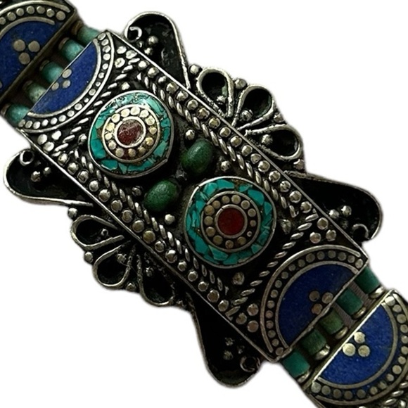 NEW Handmade Tibetan Silver with Genuine Lapis, Turquoise & Coral Bracelet. - Picture 2 of 8